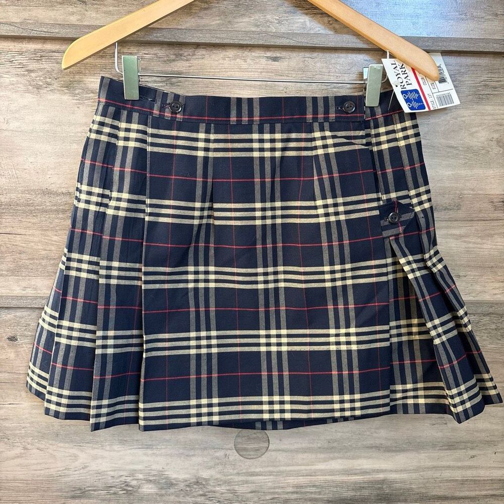 Royal Park Uniform Skirt Plaid 1C Navy Blue Knife Pleat Wrap Flat Front 8H NWT